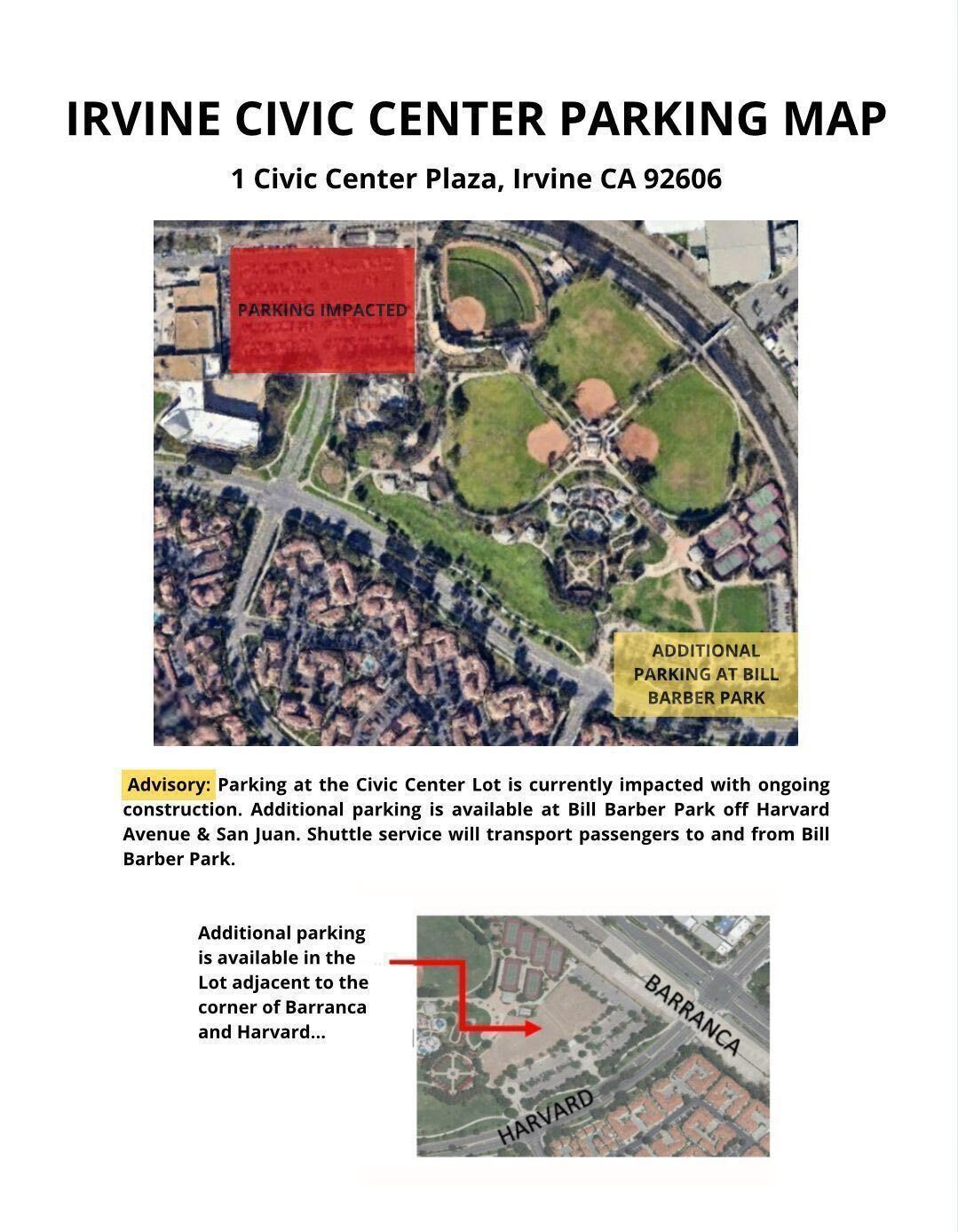 Irvine Civic Center Parking Map showing impacted areas